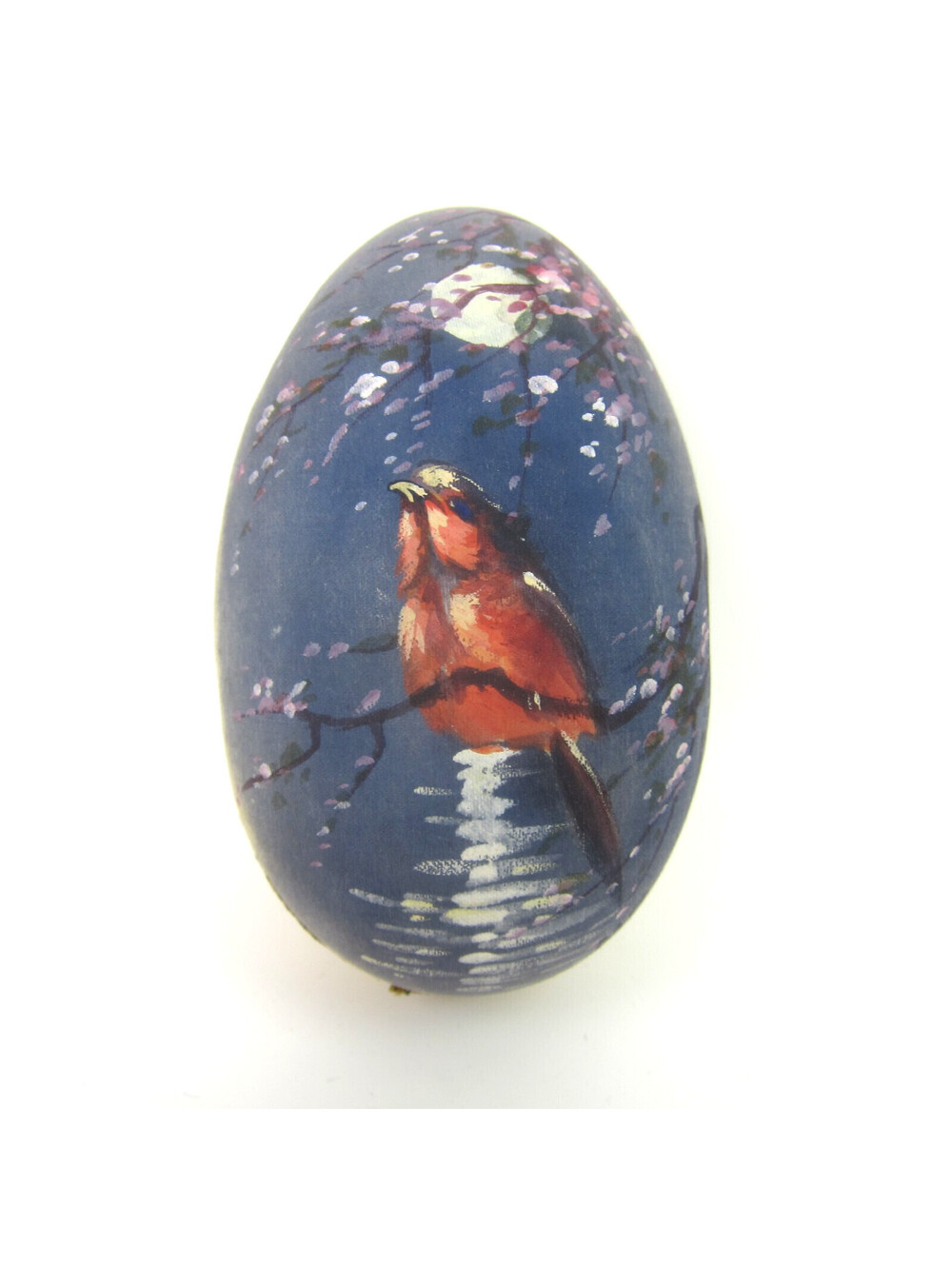 Antique German Hand Painted Silk Easter Egg Robbin Bird in Tree Moon at Night